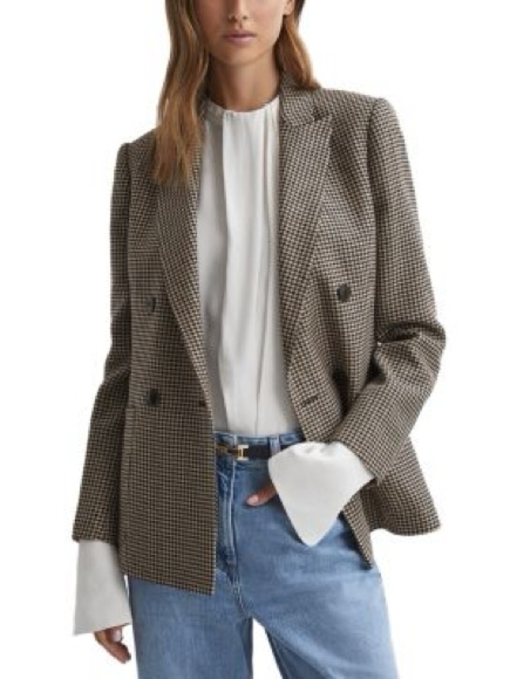 REISS Ella Double-Breasted Dogtooth Wool-Blend Blazer Size US 4 / UK 8